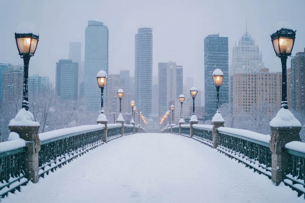 city bridge covered in snow with the skyline in the background