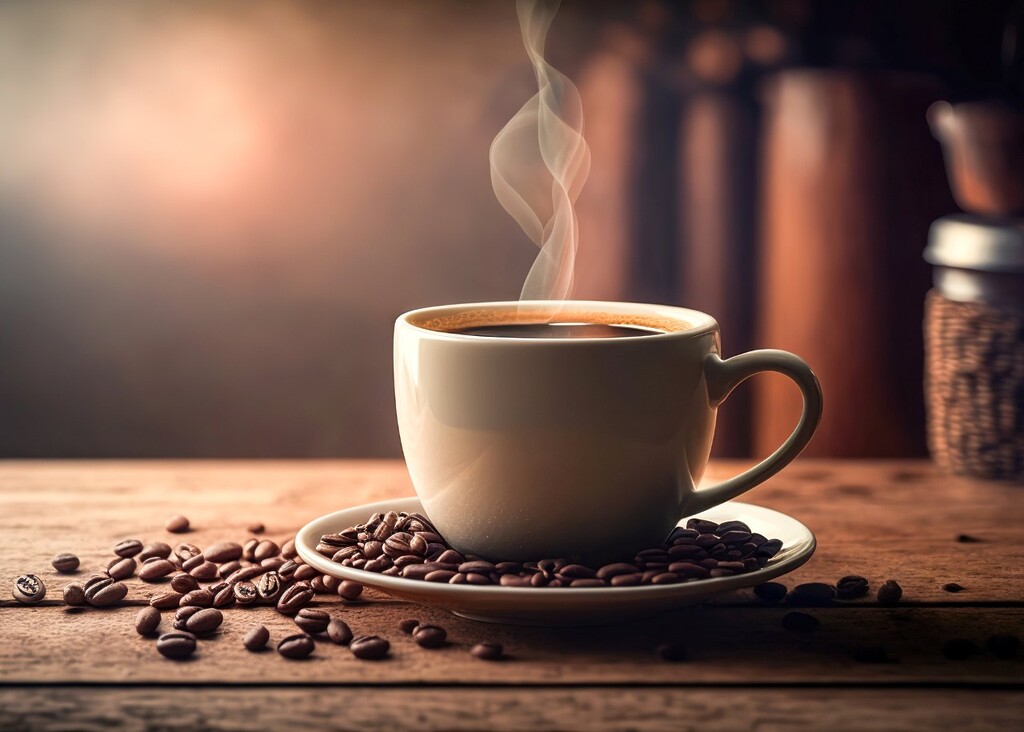 Hot coffee cup with coffee beans