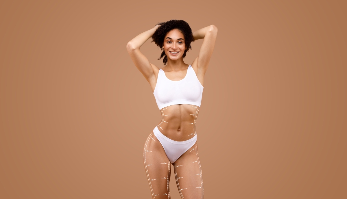 beautiful woman stands confidently, showcasing her curves