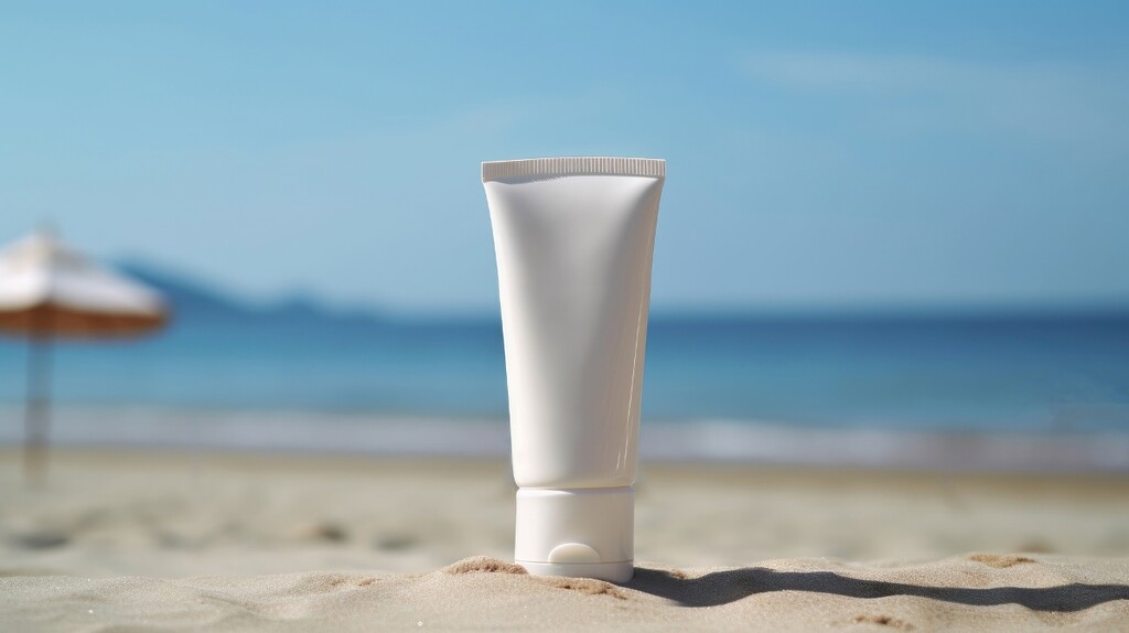 white spf tube on a sunny beach